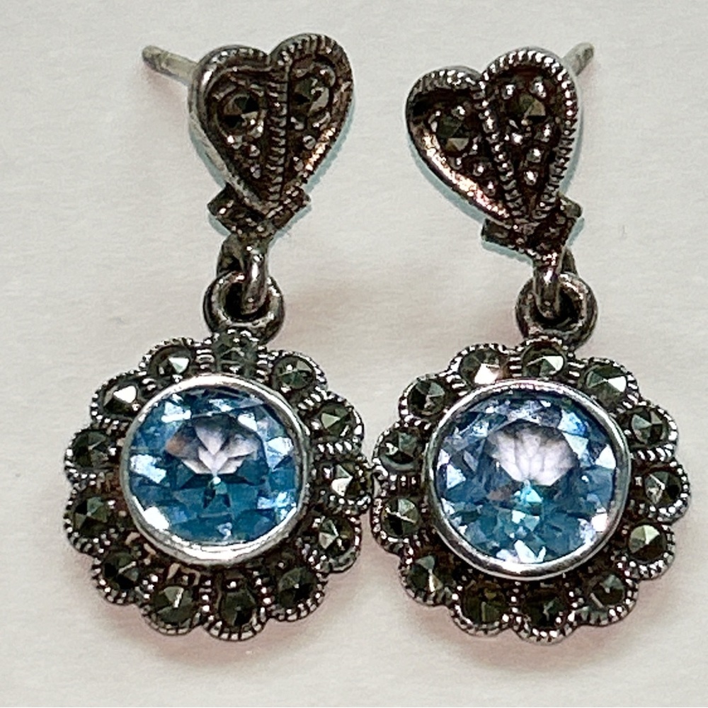 Vintage Blue Topaz Marcasite Dangling Flower Signed Sterling Silver Earrings - Picture 8 of 12